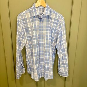 Bugatchi Uomo Shaped Fit Long Sleeve Button-Up Blue and White Shirt Sz M -no tag